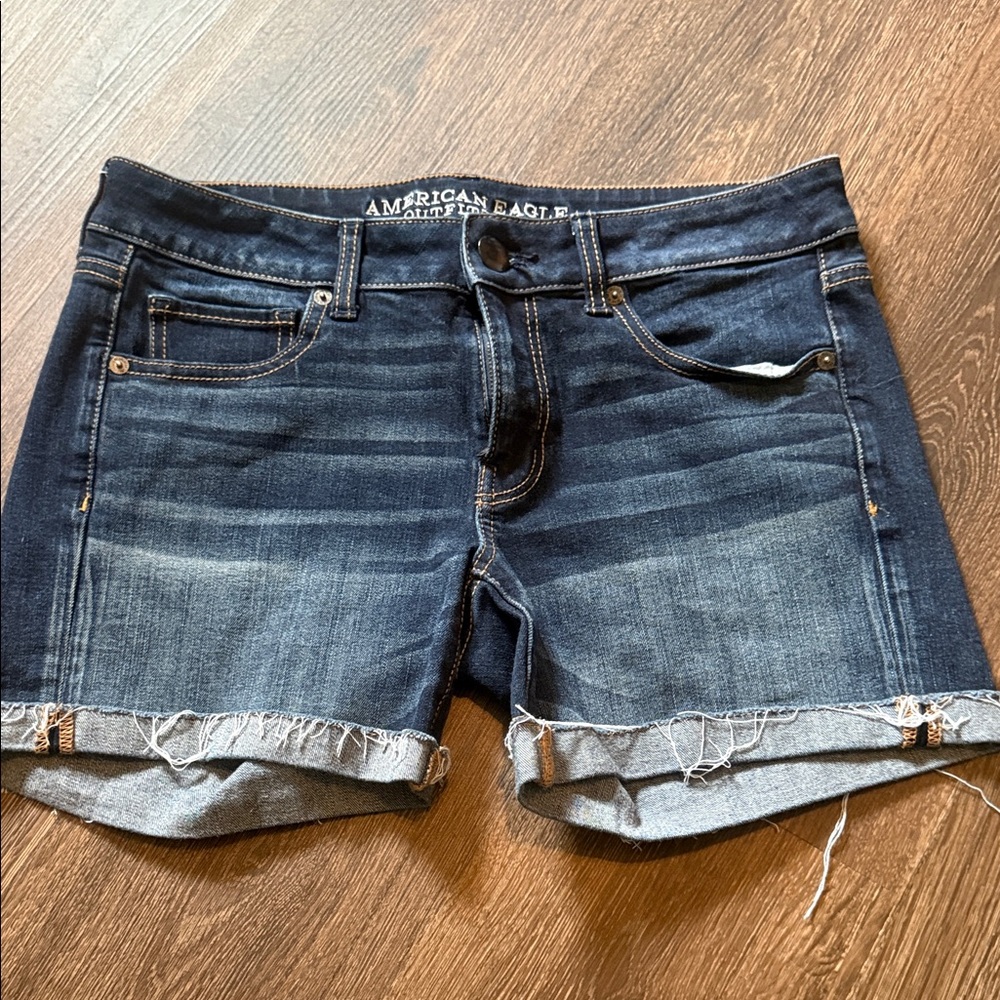 American Eagle Outfitters Super Stretch Midi Dark Blue Rolled Fray Hem Shorts